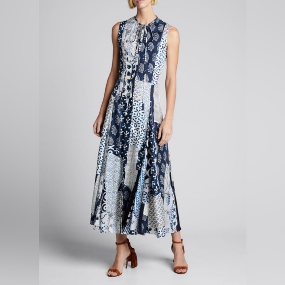 ○$3,690 NEW OSCAR DE LA RENTA SILK  BLUE WHITE PATCHWORK MIDI DAY DRESS US L